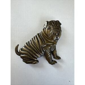 Vintage Dog Shar Pei JJ JONETTE Brass Brooch Pin Signed 1986 Sharpei Wrinkle Pup
